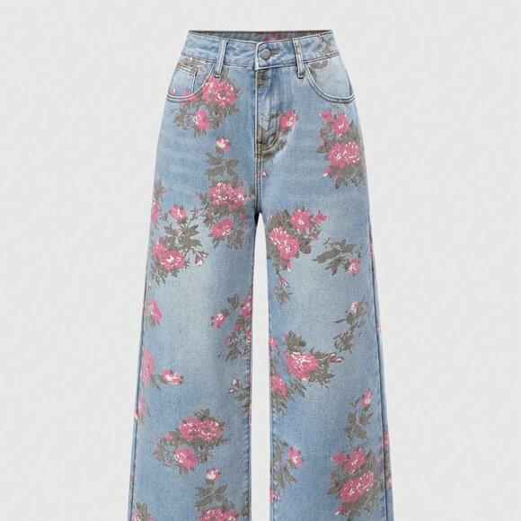 Pink Casual Women's Floral Print Washed Loose Wide-Leg Denim Jeans - Picture 1 of 4
